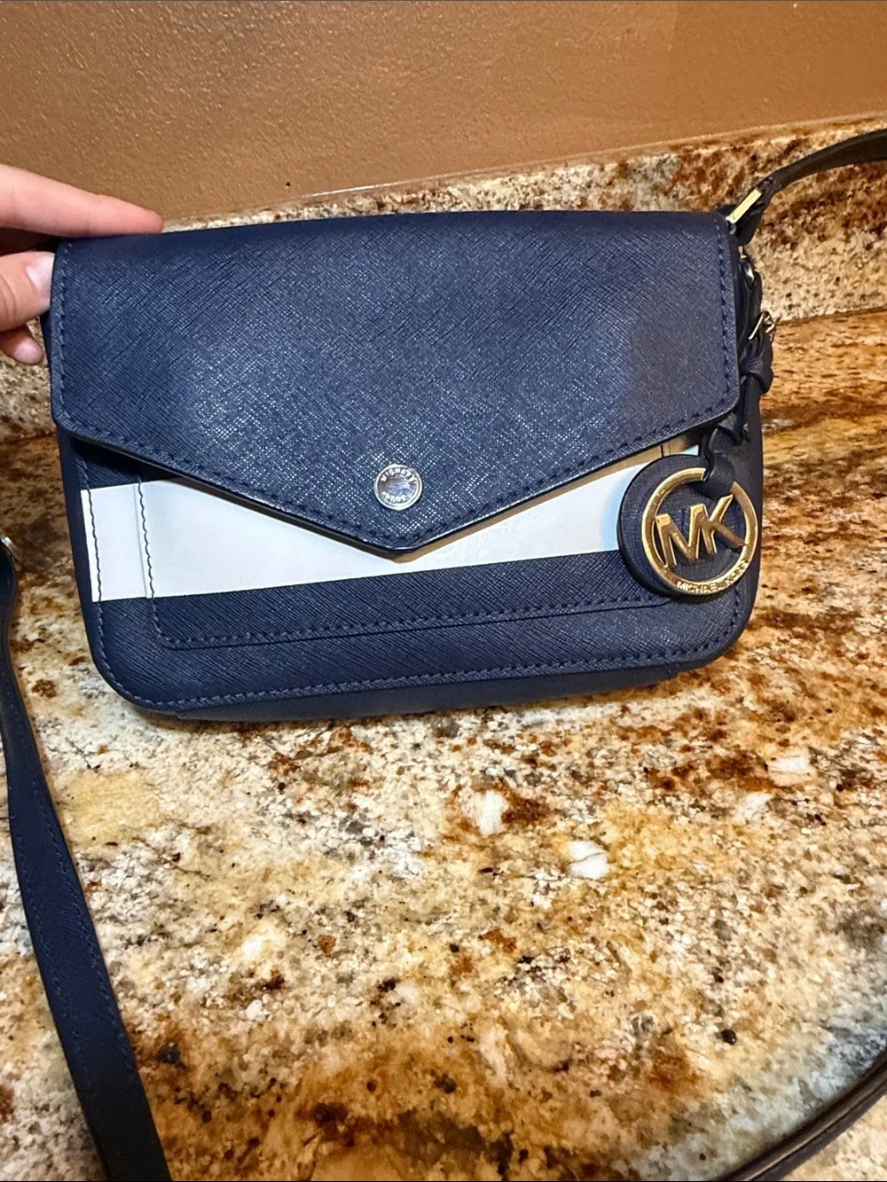 Michael Kors Navy and White Crossbody Mini Bag with MK Charm